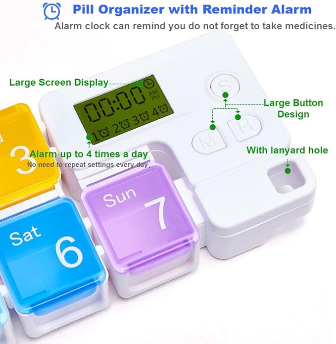 7 Day Medicine Pill Organizer, 4 Reminder Alarms, Loud Sound, 7 Large Compartments, Large Screen, Moisture-Proof, Dust-Proof, Travel Weekly/Daily Pill Box/Organizer/Case/Container/Dispenser, TBSoon