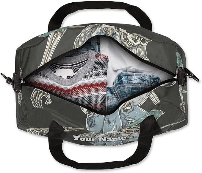 Custom Your Name Cool Human Skeleton Skateboard Personalized Text Gym Duffle Bag for Kids,Sports Bag for Teens Boys & Girls Small Waterproof Overnight Weekender Carry School Practice Travel Bag