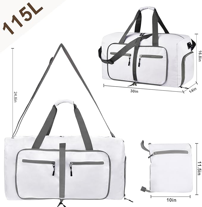 Dimayar 115L Travel Duffle Bag for Men Women - Foldable Duffel Bag with Shoes Compartment - Overnight Bags Waterproof & Tear Resistant(White)