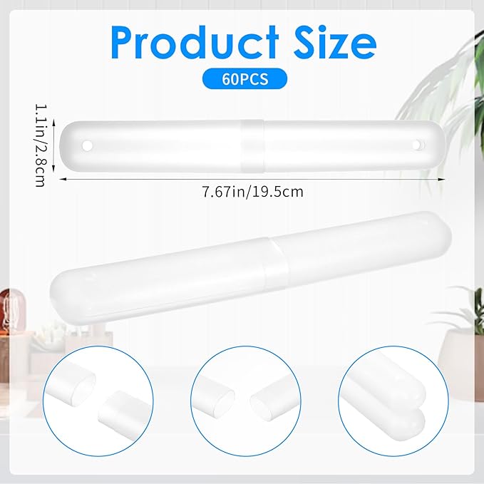 60 Packs Plastic Toothbrush Holders Bulk, Travel Toothbrush Case Covers with Ventilation Holes, 7.67 x 1.1 Inch White PP Material Toothbrushes Protectors for Home Camping Travel