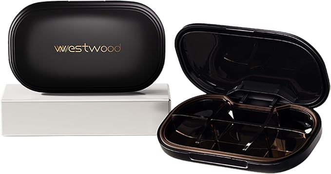 6-Compartment Pill Organizer - Small Compact Daily & Travel Pill Case Container for Vitamins, Medication and Supplements - Portable Black Medicine Pill Box Holder with Stylish Cute Design