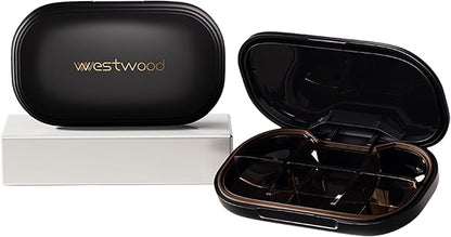 6-Compartment Pill Organizer - Small Compact Daily & Travel Pill Case Container for Vitamins, Medication and Supplements - Portable Black Medicine Pill Box Holder with Stylish Cute Design