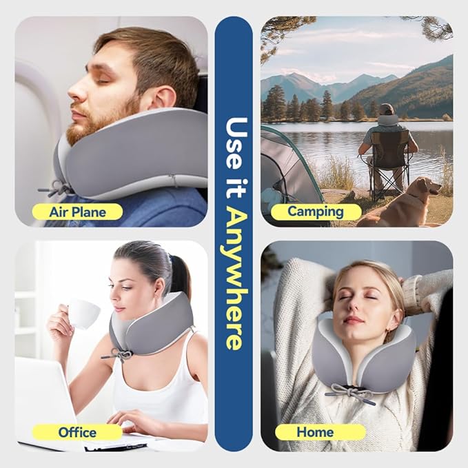 Memory Foam Neck Pillow for Travel Adjustable Airplane Pillow 100 Percent Memory Foam Ergonomic Support for Sleeping on Flights Cars Office Home Use for Adults Men Women