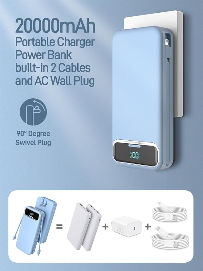 Portable Charger Power Bank with Built in Cables and AC Wall Plug,PD20W&SCP22.5W USB-C Super Fast Charging,20000mAh Travel Phone Charging,LED Display Battery Pack Compatible All iPhone Samsung etc