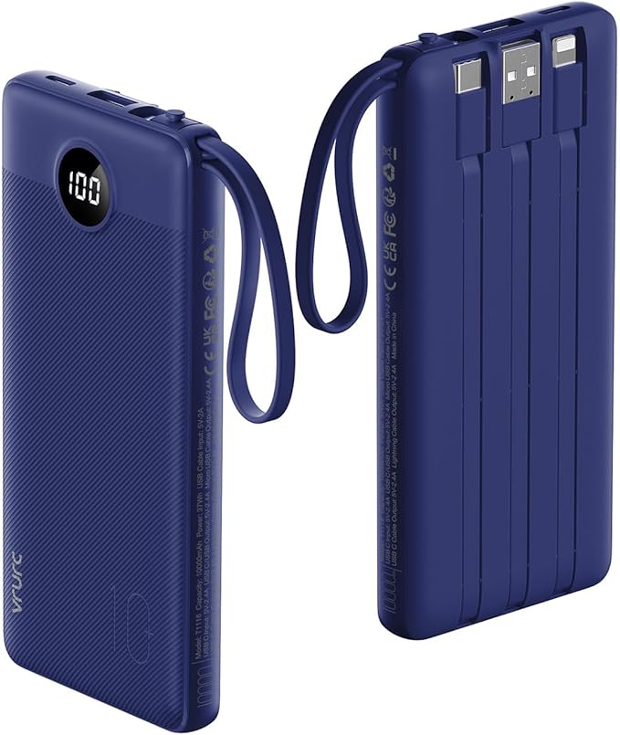 VRURC Portable Charger Power Bank, 10000mAh Travel Essentials, 5 Outputs 2 Inputs Slim Battery Pack Built-in Cables Cords Compatible with iPhone,Samsung,Android-Navy Blue(1 Pack)