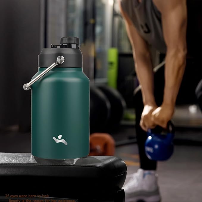 Half Gallon Jug with Handle,64 oz Insulated Water Bottle with Carrying Pouch,Double Wall Vacuum Stainless Steel Metal Bottle,Dark Green
