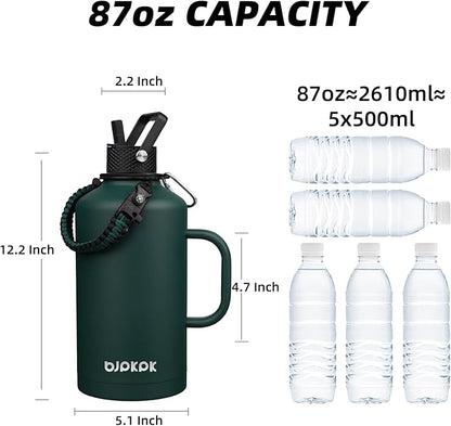 BJPKPK 2/3 Gallon Water Bottle Insulated with Straw Lid, 50oz, 64oz, 87oz, 128oz Large, Stainless Steel Water Bottles with 3 Lids and Paracord Strap, Double Wall Vacuum Metal Water Jug,Army Green