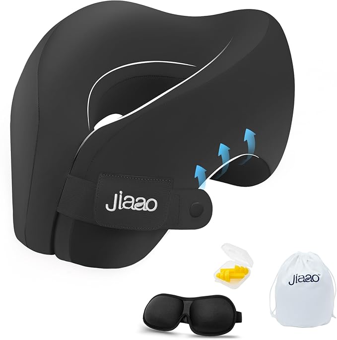 Upgraded Neck Pillow Airplane, Memory Foam Travel Neck Pillows for Long Flight, 3D Eye Masks, Ear Plugs and Portable Drawstring Bag, Napping Pillow for Home, Road Trips, Sleep Rest and Travel Use