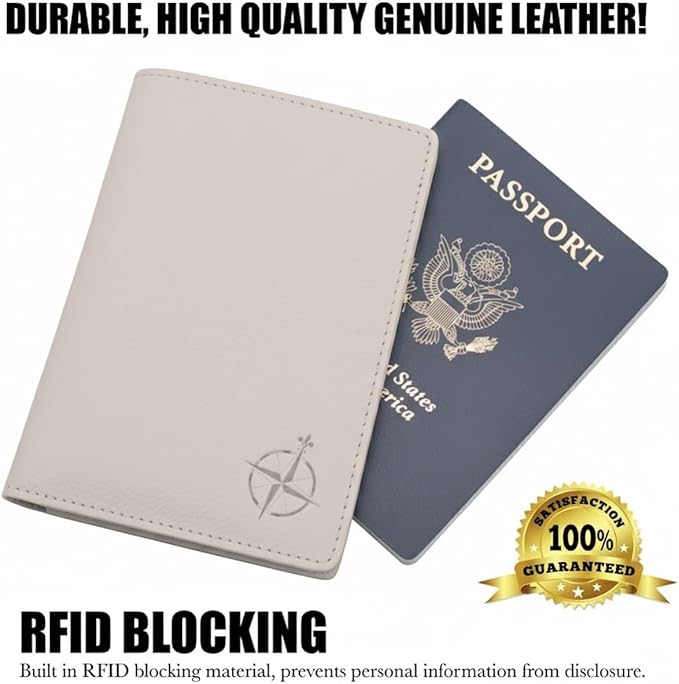 WANDERINGS Leather Travel Wallet with Passport Holder - 5.5" x 4" - Genuine Leather Case with RFID Blocking for Men and Women - Folding Wallet for Passports - Oat Color