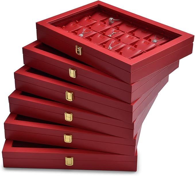 Oirlv Luxury Leather Necklace Tray with 24 Grid Removable Jewelry Cards Jewelry Organizer Box with Transparent Acrylic Lid Necklace Pendant Display Case