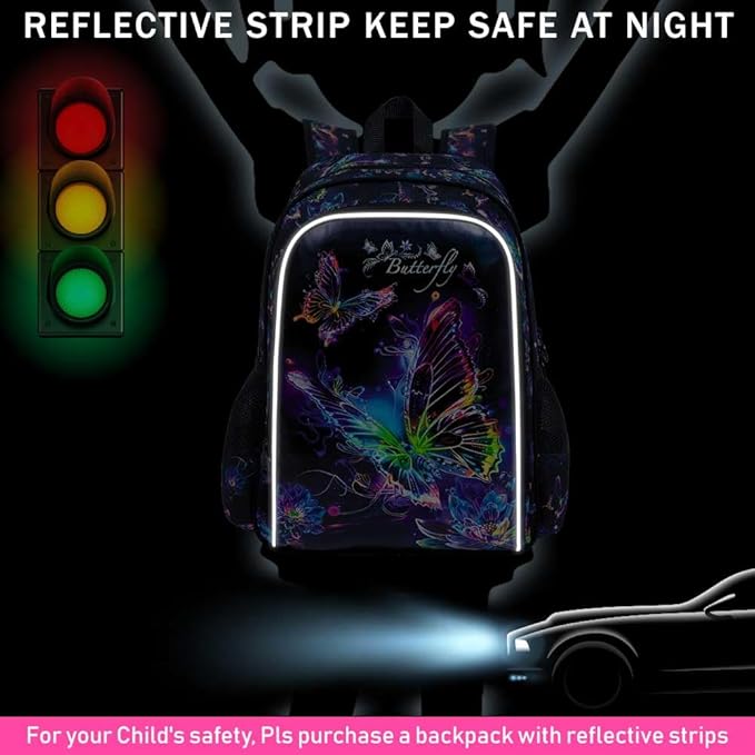 WZLVO 3PCS Butterfly Backpack for Girls, 16" Kids Preschool Bookbag with Lunch Box, Water Resistant School Bag for Elementary Kindergarten Toddler