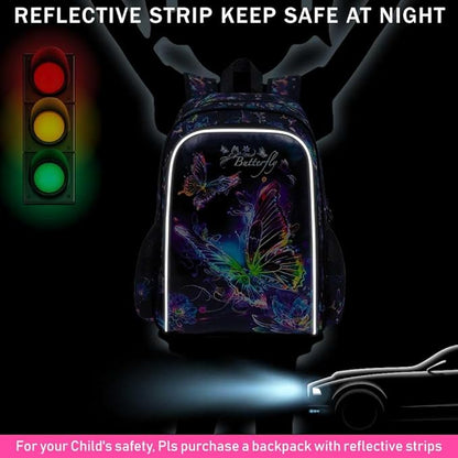 WZLVO 3PCS Butterfly Backpack for Girls, 16" Kids Preschool Bookbag with Lunch Box, Water Resistant School Bag for Elementary Kindergarten Toddler