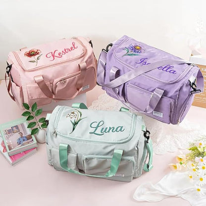 CALLIE Personalized Travel Duffel Bag 14" | Custom Name Birth Flower Multi-compartment Waterproof Nylon Weekender Bags for Women | 4 Color Options | Birthday Christmas Gift for Her