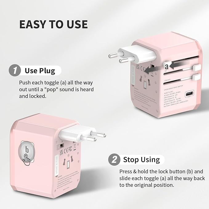 EPICKA Universal Travel Adapter, International Power Plug Adapter with 3 USB-C and 2 USB-A Ports, All-in-One Worldwide Wall Charger for USA EU UK AUS (TA-105C, Pink)