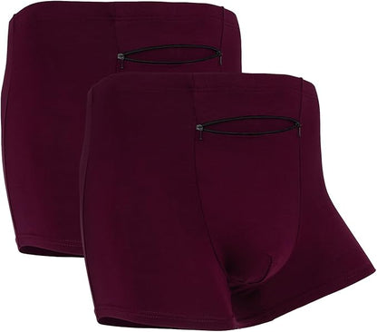 LUEXBOX Pocket Underwear for Men with Secret Hidden Pocket, Travel Boxer Briefs, 2 Packs (Dark Red)