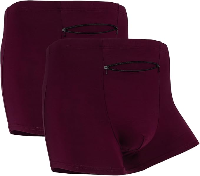 LUEXBOX Pocket Underwear for Men with Secret Hidden Pocket, Travel Boxer Briefs, 2 Packs (Dark Red)