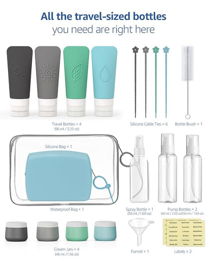 23-Piece All-in-One Silicone Travel Bottles Set – TSA Approved Leakproof Toiletry Kit with Double Bags, Flat Easy-Squeeze Bottles with Tactile Icons, Cream Jars, Pump & Spray, Cleaning Brush