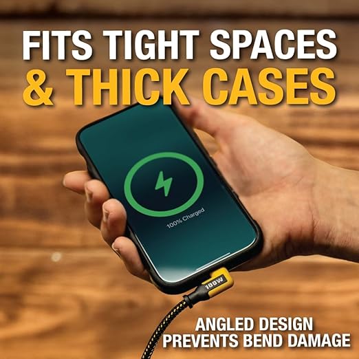 DEWALT Heavy Duty 90-Degree Angled 100W USB C Cable, Jobsite 100 Watt USB C Cable, High Speed Type-C to Type-C, PD USBC Fast Charging Cord for iPhone 16/15 Plus Pro Max, MacBook, iPad (6 Foot)