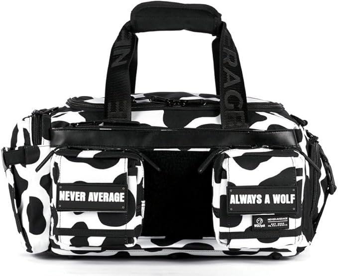WOLFpak 20L Mini Duffle Bag for Gym & Travel | Waterproof Carry-On Weekender Bag with Shoe Compartment, Hard Bottom, and Tactical Molle System (Black & White Cow)
