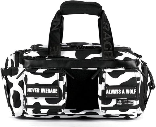 WOLFpak 20L Mini Duffle Bag for Gym & Travel | Waterproof Carry-On Weekender Bag with Shoe Compartment, Hard Bottom, and Tactical Molle System (Black & White Cow)