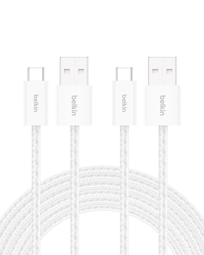 Belkin USB A to USB C Cable 2-Pack, 9.9ft, 15W - Type C Charger, iPhone Charger Cord, Soft, Braided, Flexible for iPhone 17 & 16, Galaxy S25, Pixel 10, iPad Pro, Airpods Pro, Switch & More - White