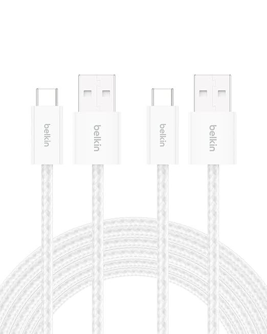 Belkin USB A to USB C Cable 2-Pack, 9.9ft, 15W - Type C Charger, iPhone Charger Cord, Soft, Braided, Flexible for iPhone 17 & 16, Galaxy S25, Pixel 10, iPad Pro, Airpods Pro, Switch & More - White