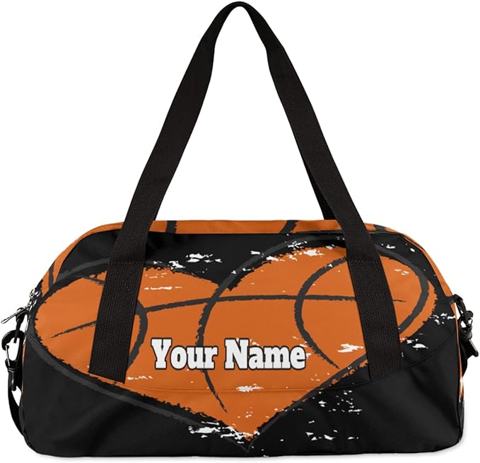 AUUXVA Custom Your Name Heart Shape Basketball Sports Personalized Text Gym Duffle Bag for Kids,Sports Bag for Teens Boys & Girls Small Waterproof Overnight Weekender Carry School Practice Travel Bag