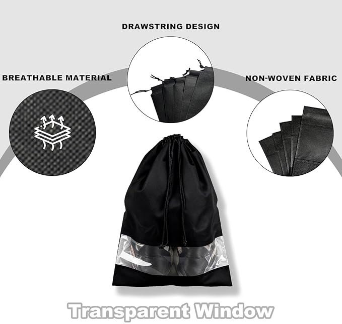 20 Pack Shoe Bags for Travel, 17" x 12.6" Drawstring Shoe Organizers with Clear Window, Breathable Non-Woven Dustproof Pouches for Luggage & Closet (Black)