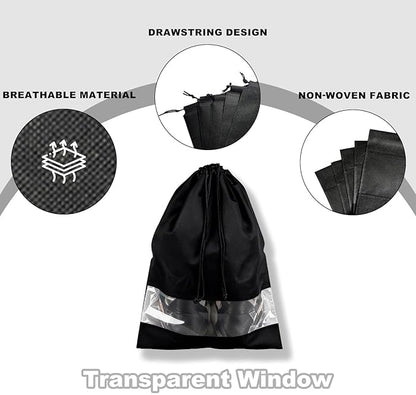 20 Pack Shoe Bags for Travel, 17" x 12.6" Drawstring Shoe Organizers with Clear Window, Breathable Non-Woven Dustproof Pouches for Luggage & Closet (Black)