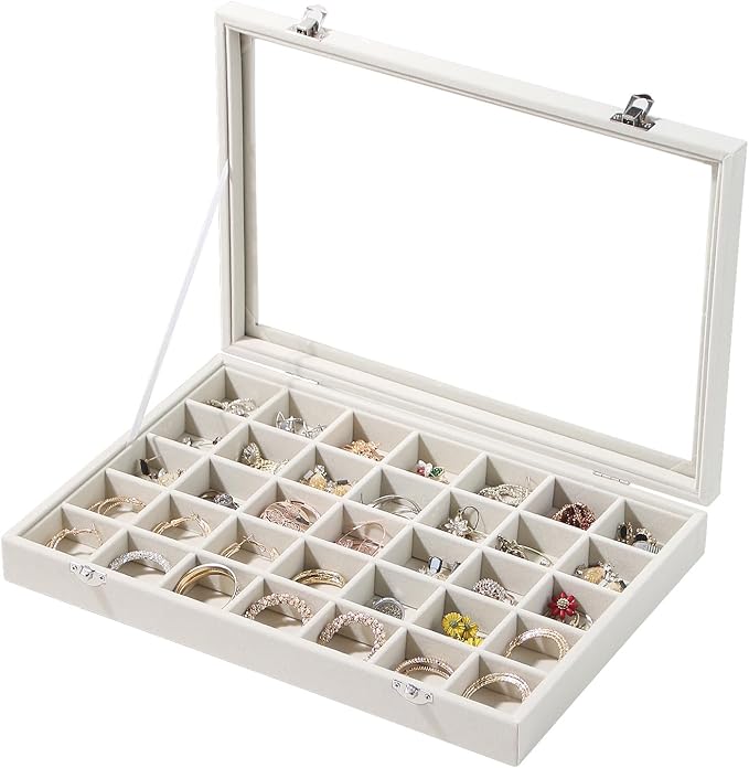 Coward Ring Earring Jewelry Organizer Box, 35 Grids Dustproof Display Holder Case, Beige Velvet Jewelry Bead Display Tray Case with Transparent Glass Lid for Momen Girls