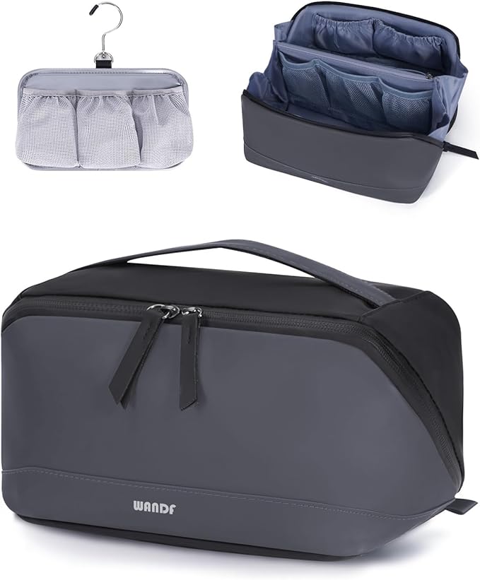 WANDF Toiletry Bag for Men, PU Leather Travel Organizer with Detachable Waterproof Hanging Pouch, Open-Flat Dopp Kit Shaving Bag with Wet Pocket for Travel Toiletries Accessories (Dark Gray)