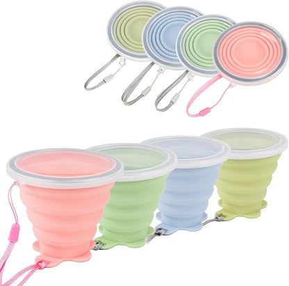 JBER Silicone Collapsible Travel Cup, 4 Pack Silicone Folding Camping Cup with Lids Expandable Drinking Cup for Outdoor Hiking Travel (Olive & Pink & Green & Blue)