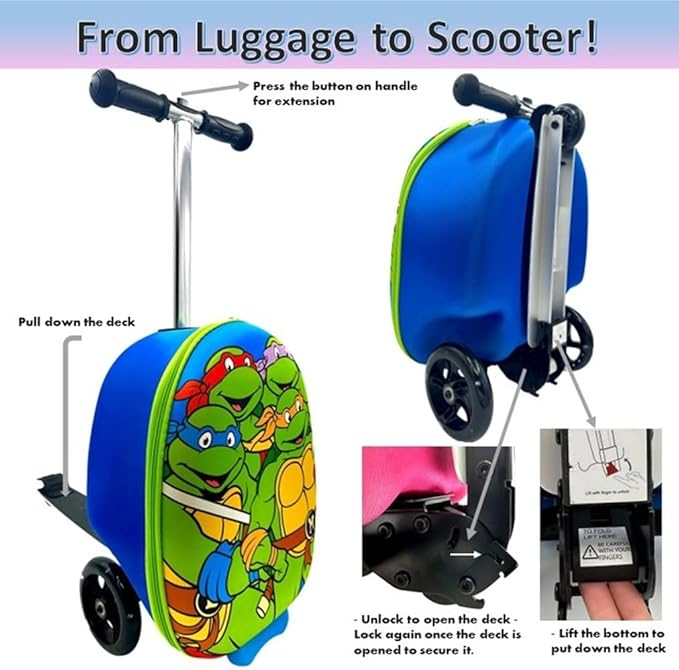 Fast Forward Kid’s Licensed 18" Ride-On Suitcase Scooter - Lightweight Carry-On Foldable Scooter Luggage