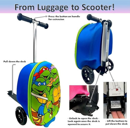 Fast Forward Kid’s Licensed 18" Ride-On Suitcase Scooter - Lightweight Carry-On Foldable Scooter Luggage