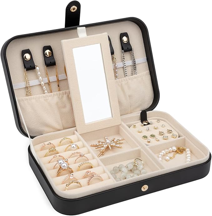 2-Layer Travel Jewelry Box for Women, Portable Jewelry Organizer with Mirror & Removable Dividers, PU Leather Jewelry Case Gift for Wife, Mom, Girlfriend (Black Beige)