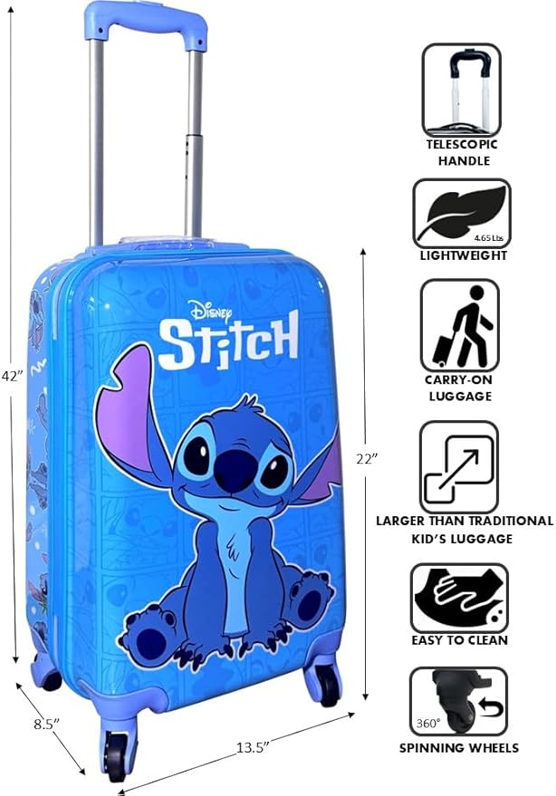 Fast Forward Kids Licensed Hard-Side 21” Spinner Luggage Lightweight Carry-On Suitcase (Stitch I)