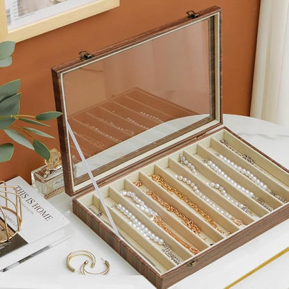 MIOINEY Glass Lid Necklace Organizer Box Transparent Necklace Holder Organizer Velvet Necklace Display Box Clear Lid Jewelry Storage Stackable Necklace Display Case for Women Girls (Style C)