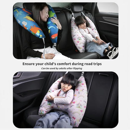 Travel Pillow Car Cushion for Kids 6 Years Old+ Shoulder Neck Back Support & Seat Belt Comfort, Road Trip Cozy Sleeping Gift for Young Travelers, Parents, Families, Baby Shower (Unicorn Pink)