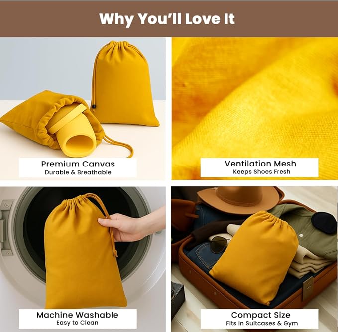 LFH Cotton Rich Shoe Storage Bags with Drawstring, Dustproof Breathable Reusable Organizer, Perfect For Travel, Dorm, Hotel, College, Gym, Easy to Carry, Machine Washable 12"x17" (Pack of 6) - Golden