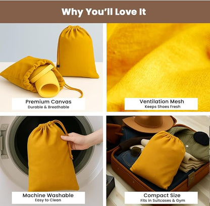 LFH Cotton Rich Shoe Storage Bags with Drawstring, Dustproof Breathable Reusable Organizer, Perfect For Travel, Dorm, Hotel, College, Gym, Easy to Carry, Machine Washable 8"x17" (Pack of 2) - Golden