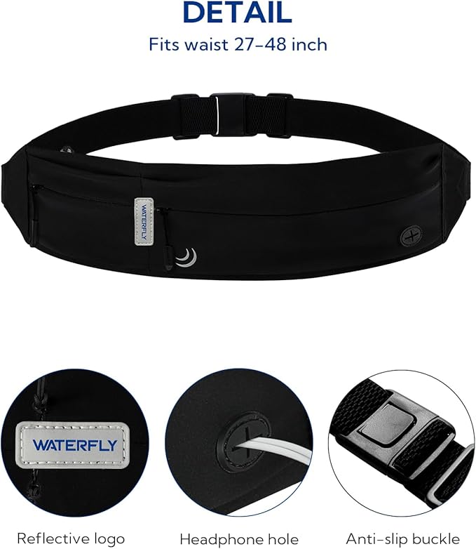 WATERFLY Running Belt Fanny Pack: Runner Marathon Jogging Waist Pack Sport Workout Exercise Fitness Phone Holder Belt for Men Women Jogger Slim Waist Bag Black