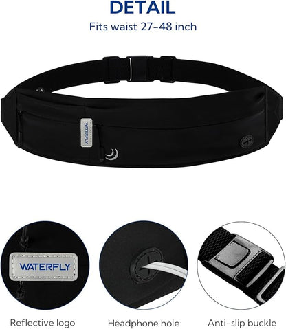 WATERFLY Running Belt Fanny Pack: Runner Marathon Jogging Waist Pack Sport Workout Exercise Fitness Phone Holder Belt for Men Women Jogger Slim Waist Bag Black