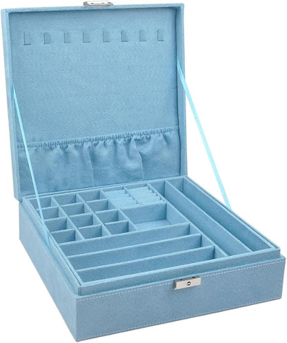 Jewelry Boxes 10 x 10 Inches 2-layer Handle Necklace Holder Organizer Jewellery Women Rings Storage Display Girls Earrings Case Lockable Jewelry Tray Blue GY641 (Blue, 2 Layer (3.34" H))