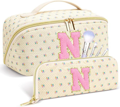 Personalized Travel Makeup Bag Set,Initial Travel Cute Floral Makeup Organizer Bag,Toiletry Skincare Cosmetic Bag,Christmas Gifts for Women/Girls,Open Flat Toiletry Pouch with Brush Pocket-N