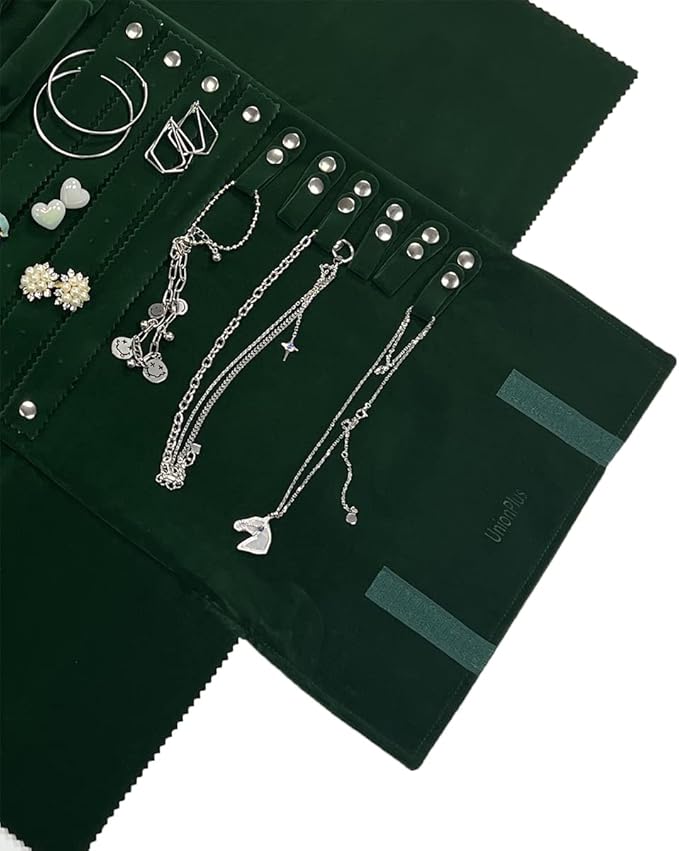 UnionPlus Velvet Jewelry Case Roll Bag for Necklace Bracelet Earrings Rings Multi-compartments, Great Jewelry Organizer for Travel, Blackish Green