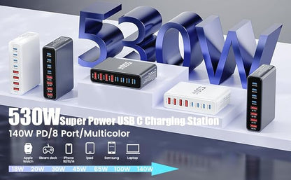 530W USB C Charger Block,8-Port USB C Charging Station GaN IV Travel Essentials Multiple Port Charging Station,100W Laptop Fast Charger Adapter for MacBook Pro/Air,DELL,iPad,iPhone,Samsung Galaxy