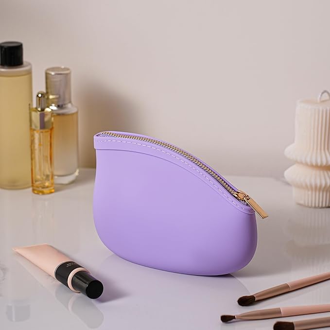 Small Silicone Makeup Bag Premium Purse Bag Multifunctional Essential Bag Zipper Pouch Water and Heat Resistant (Purple)