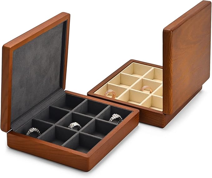 Oirlv Solid Wood Ring Jewelry Box Organizer Earrings Jewelry Drawer Organizer Tray with Lid (Grey 9 Grid Box)