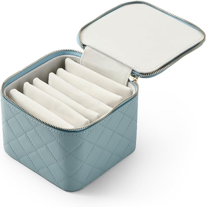 Travel Jewelry Box Organizer - Small Jewelry Case with 6 Small Velvet Zipped Pouches Pockets for Jewelry Necklaces Rings Earrings Storage(Blue)