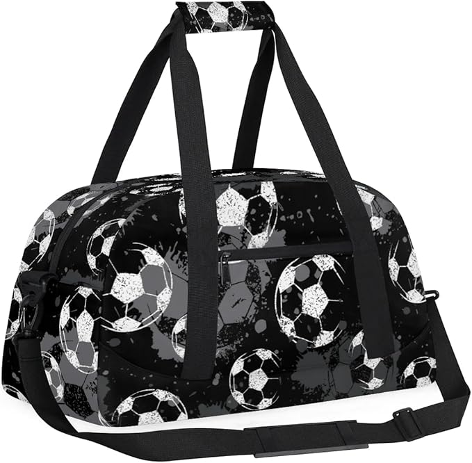 Black Football Kids Duffel Bag for Boys, Soccer Sports Gym Bag Overnight Travel Weekender Bag Lightweight Carry On Sleepovers Bag for School Practice Gymnastics